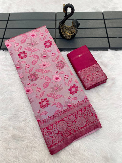 Redolent Pink Soft Banarasi Tissue Silk Saree With Engaging Blouse Piece