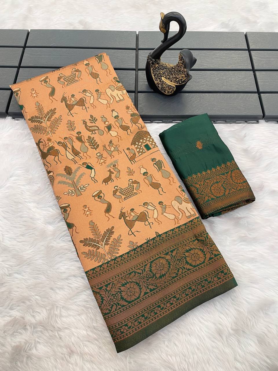 Adorning Peach Soft Banarasi Tissue Silk Saree With Rhapsody Blouse Piece