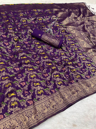 Lustrous Royal Purple Soft Banarasi Silk Saree With Eclat Blouse Piece