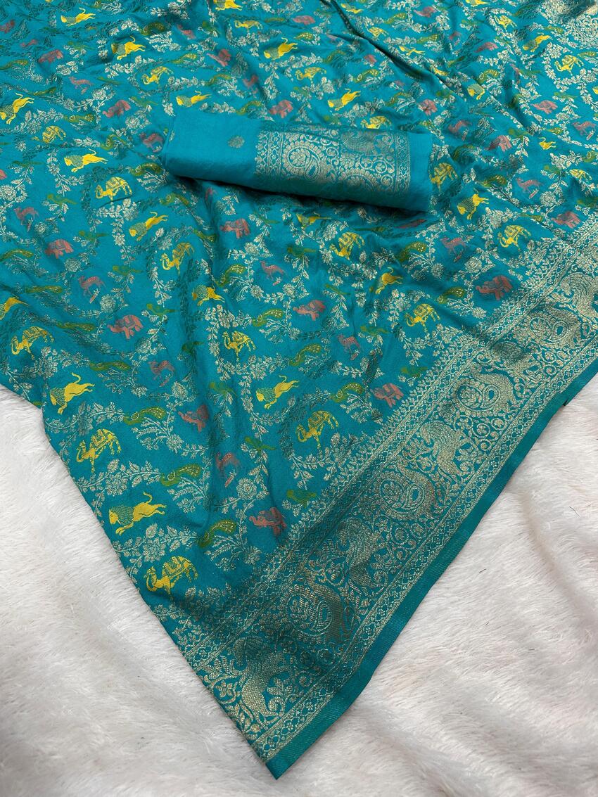 Demanding Sea Green Soft Banarasi Silk Saree With Radiant Blouse Piece