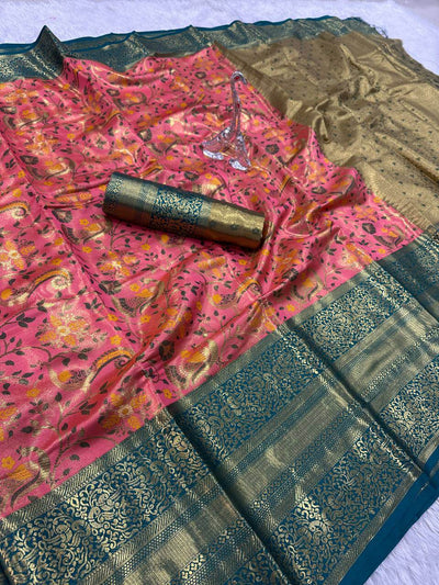 Capricious Pink Kanjivaram Silk Saree With Elision Blouse Piece