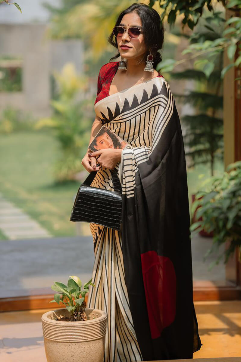 Glorious Beige Digital Printed Crape Silk Saree With Whimsical Blouse Piece