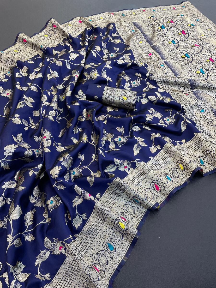 Assemblage Navy Blue Soft Banarasi Silk Saree With Classy Blouse Piece