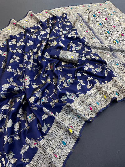 Assemblage Navy Blue Soft Banarasi Silk Saree With Classy Blouse Piece