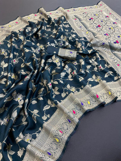 Magnetic Teal Blue Soft Banarasi Silk Saree With Petrichor Blouse Piece