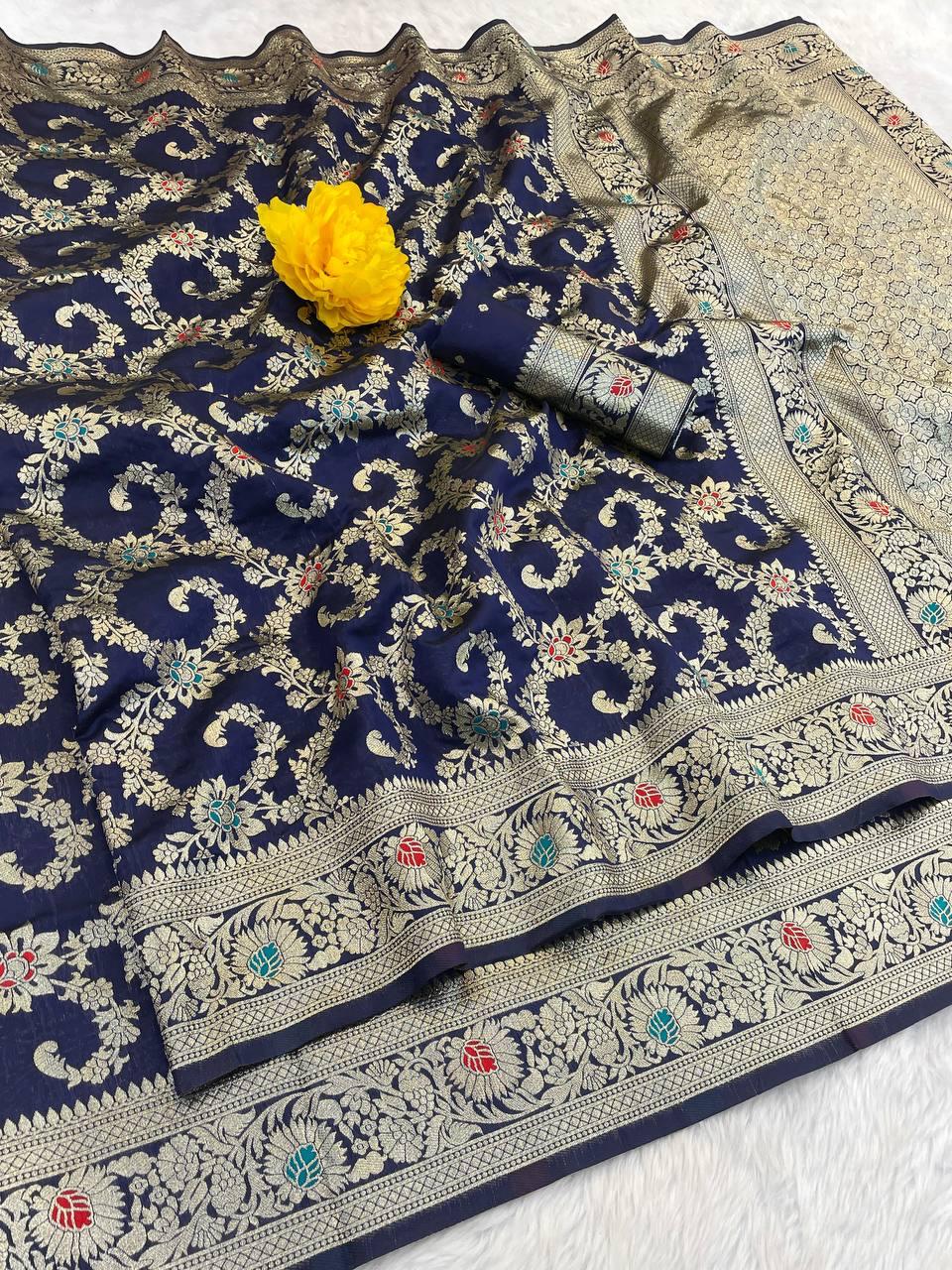 Resplendent Navy Blue Soft Banarasi Silk Saree With Scrumptious Blouse Piece