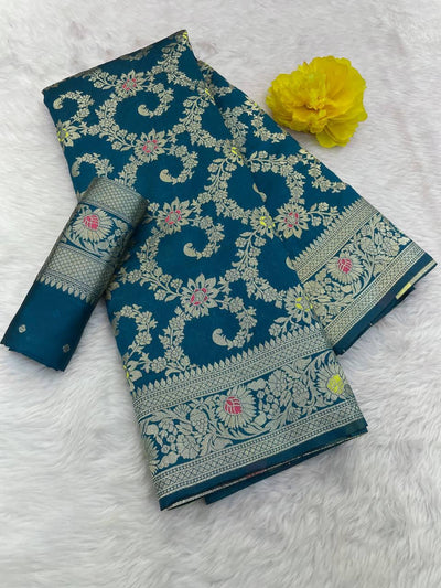 Enigmatic Rama Soft Banarasi Silk Saree With Adorable Blouse Piece