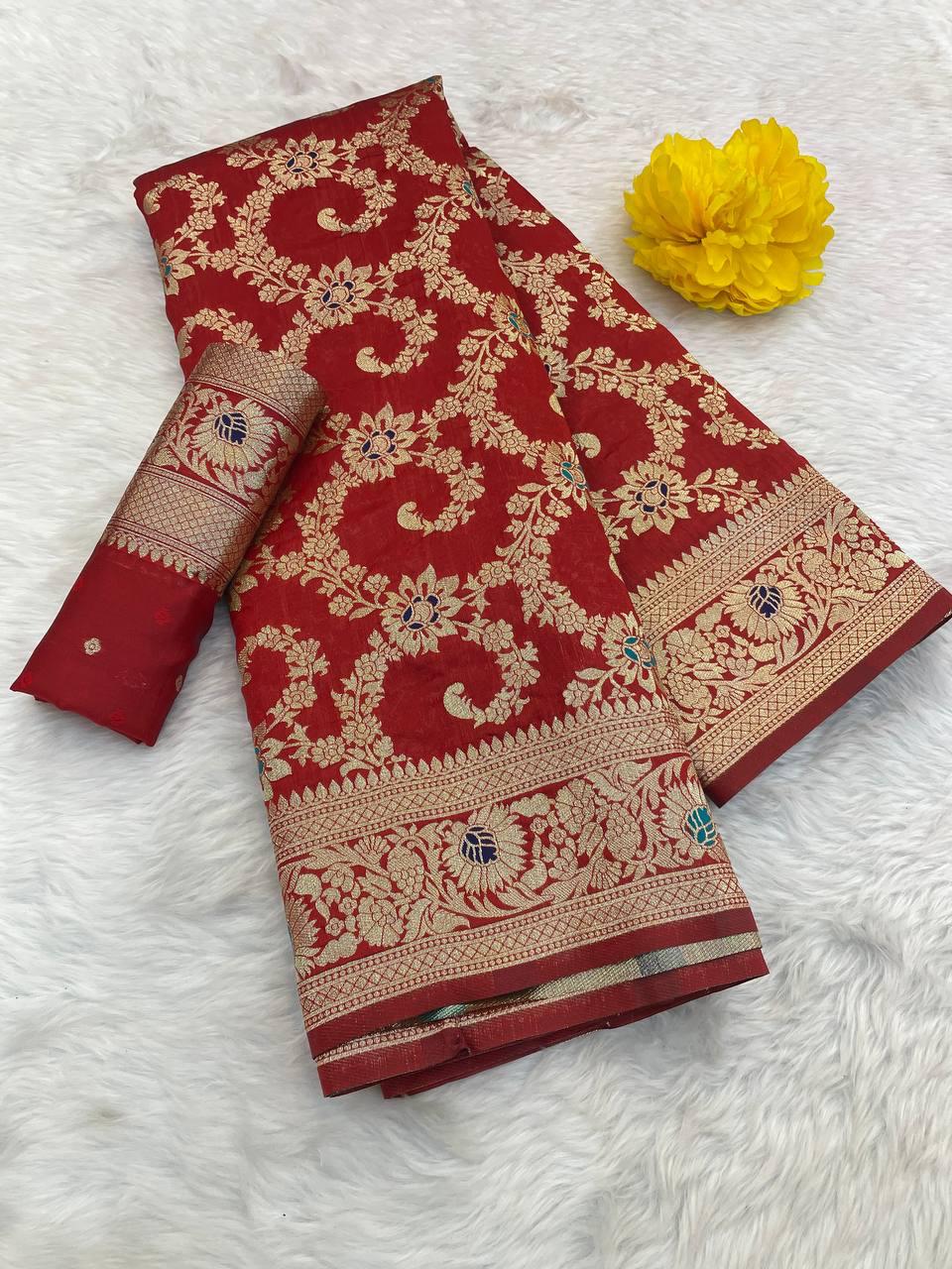Enthralling Red Soft Banarasi Silk Saree With Redolent Blouse Piece