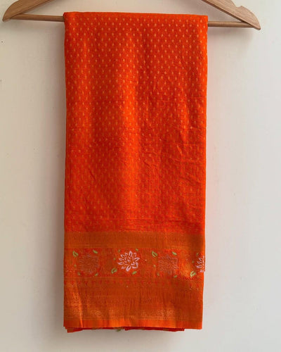 Beautiful Orange Soft Banarasi Silk Saree With Snazzy Blouse Piece