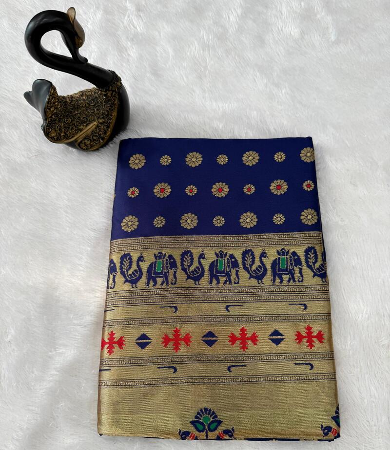 Grandiose Navy Blue Paithani Silk Saree With Majesty Blouse Piece