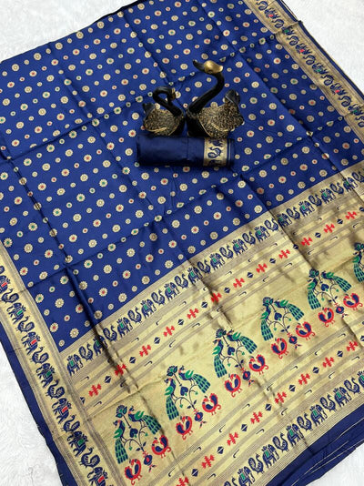 Grandiose Navy Blue Paithani Silk Saree With Majesty Blouse Piece