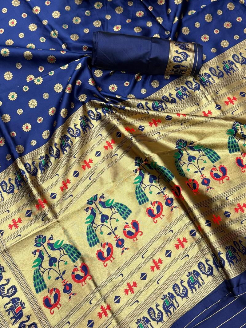 Grandiose Navy Blue Paithani Silk Saree With Majesty Blouse Piece