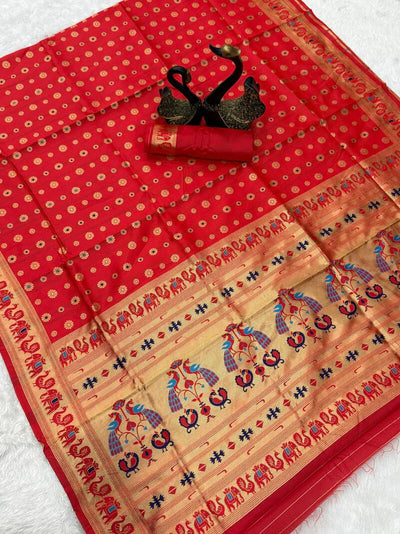 Effulgent Red Paithani Silk Saree With Jazzy Blouse Piece