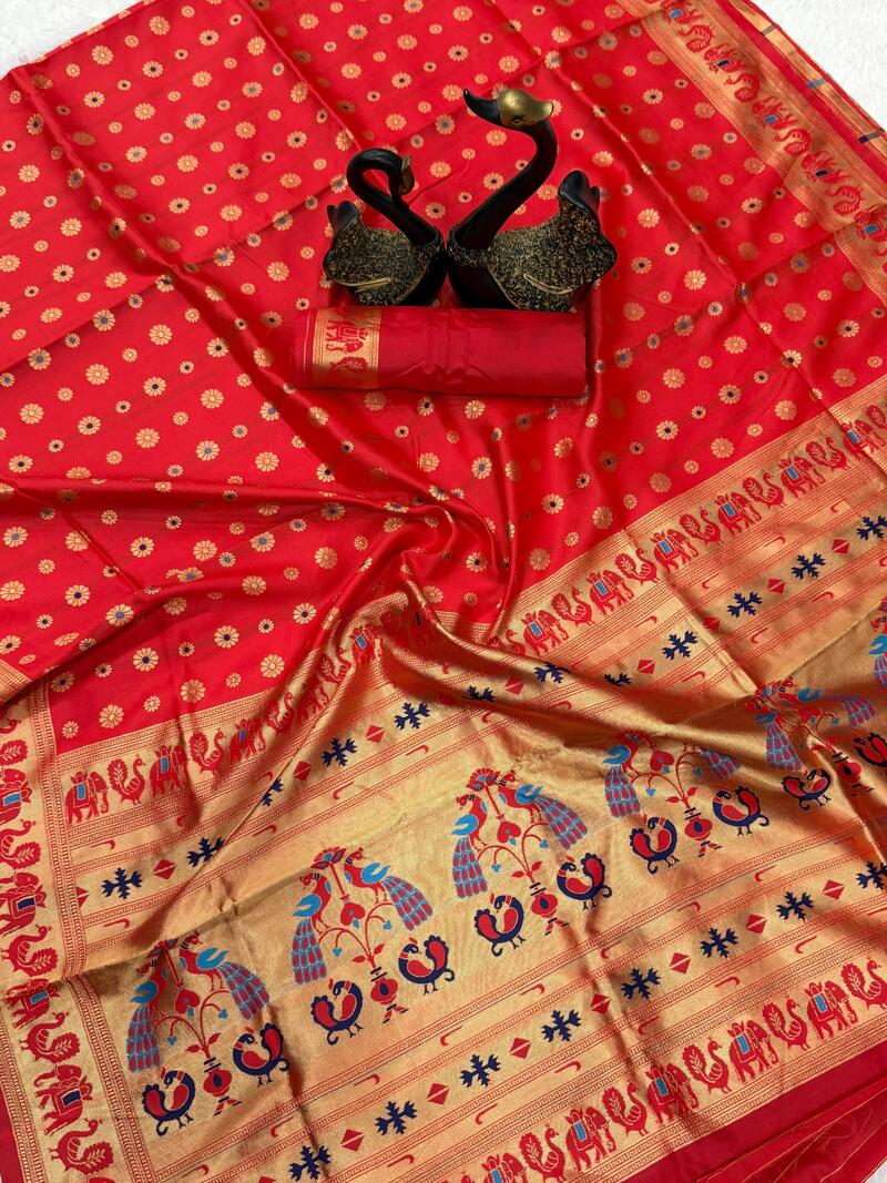 Effulgent Red Paithani Silk Saree With Jazzy Blouse Piece