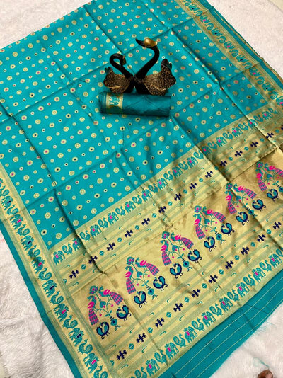 Enigmatic Turquoise Paithani Silk Saree With Elegant Blouse Piece