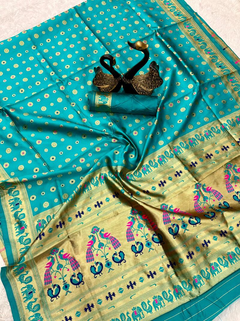 Enigmatic Turquoise Paithani Silk Saree With Elegant Blouse Piece
