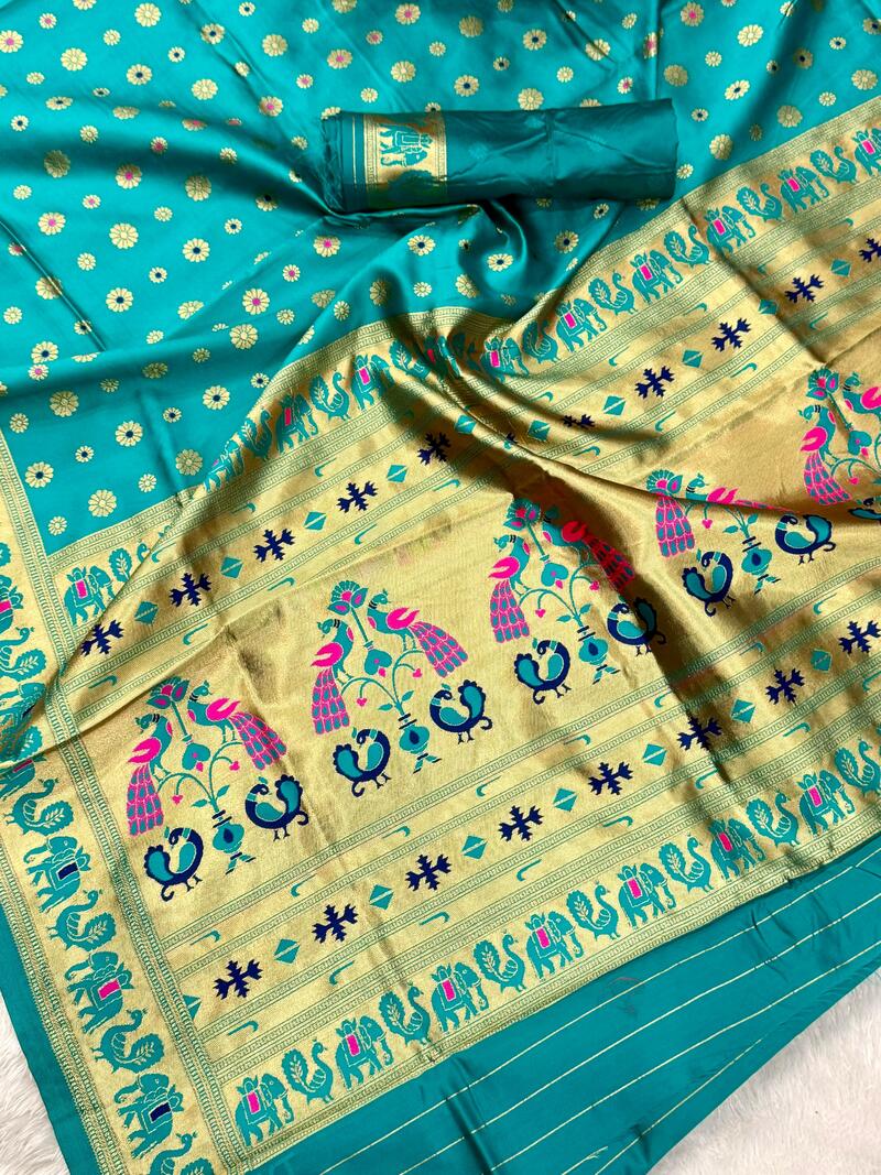 Enigmatic Turquoise Paithani Silk Saree With Elegant Blouse Piece
