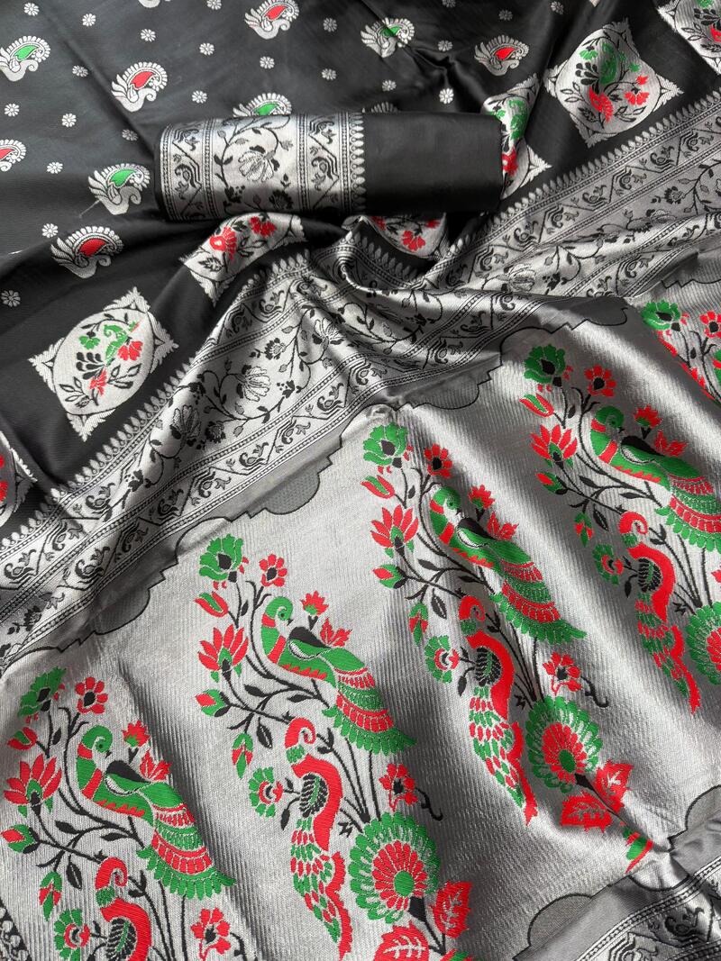 Panoply Black Paithani Silk Saree With Scrupulous Blouse Piece