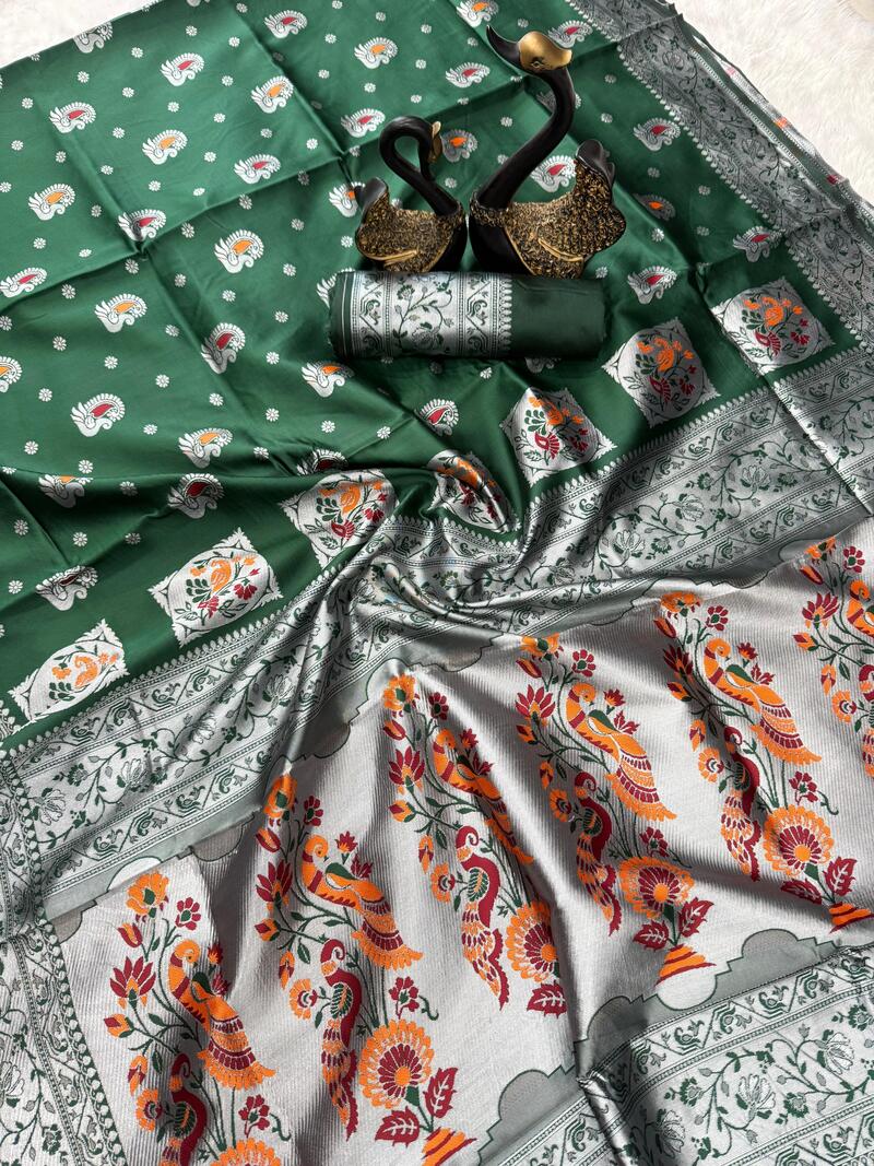 Imaginative Dark Green Paithani Silk Saree With Ailurophile Blouse Piece