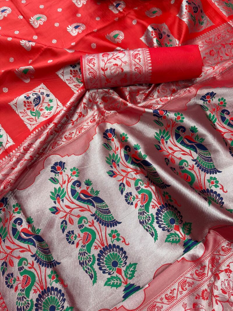 Flamboyant Red Paithani Silk Saree With Hypnotic Blouse Piece