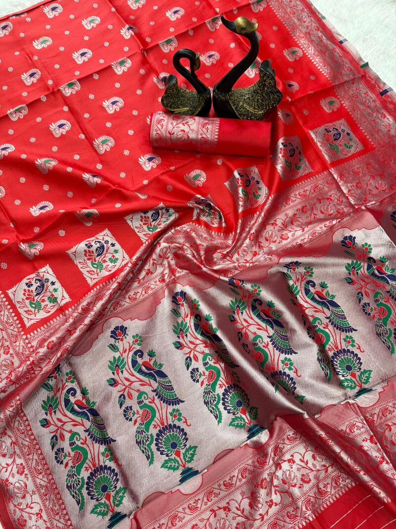 Flamboyant Red Paithani Silk Saree With Hypnotic Blouse Piece