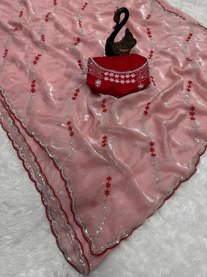 Seraglio Peach Sequence Work Fandy Silk Saree With Proficient Blouse Piece