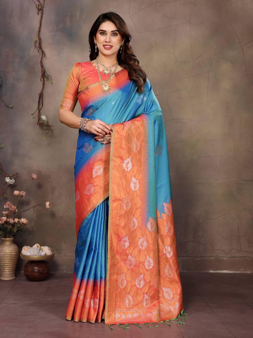 Engaging Firozi Soft Banarasi Silk Saree With Exuberant Blouse Piece