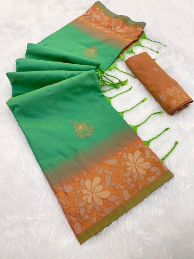 Eloquence Green Soft Banarasi Silk Saree With Whimsical Blouse Piece