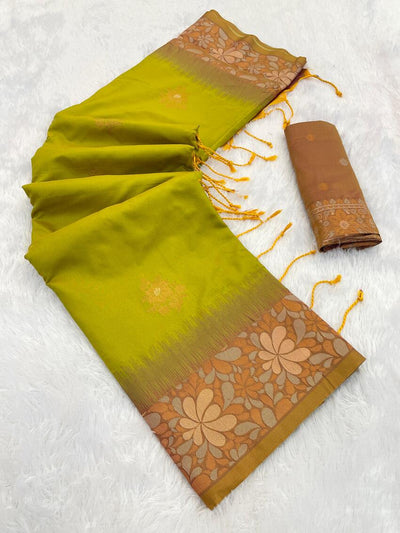 Groovy Mehndi Soft Banarasi Silk Saree With Opulent Blouse Piece