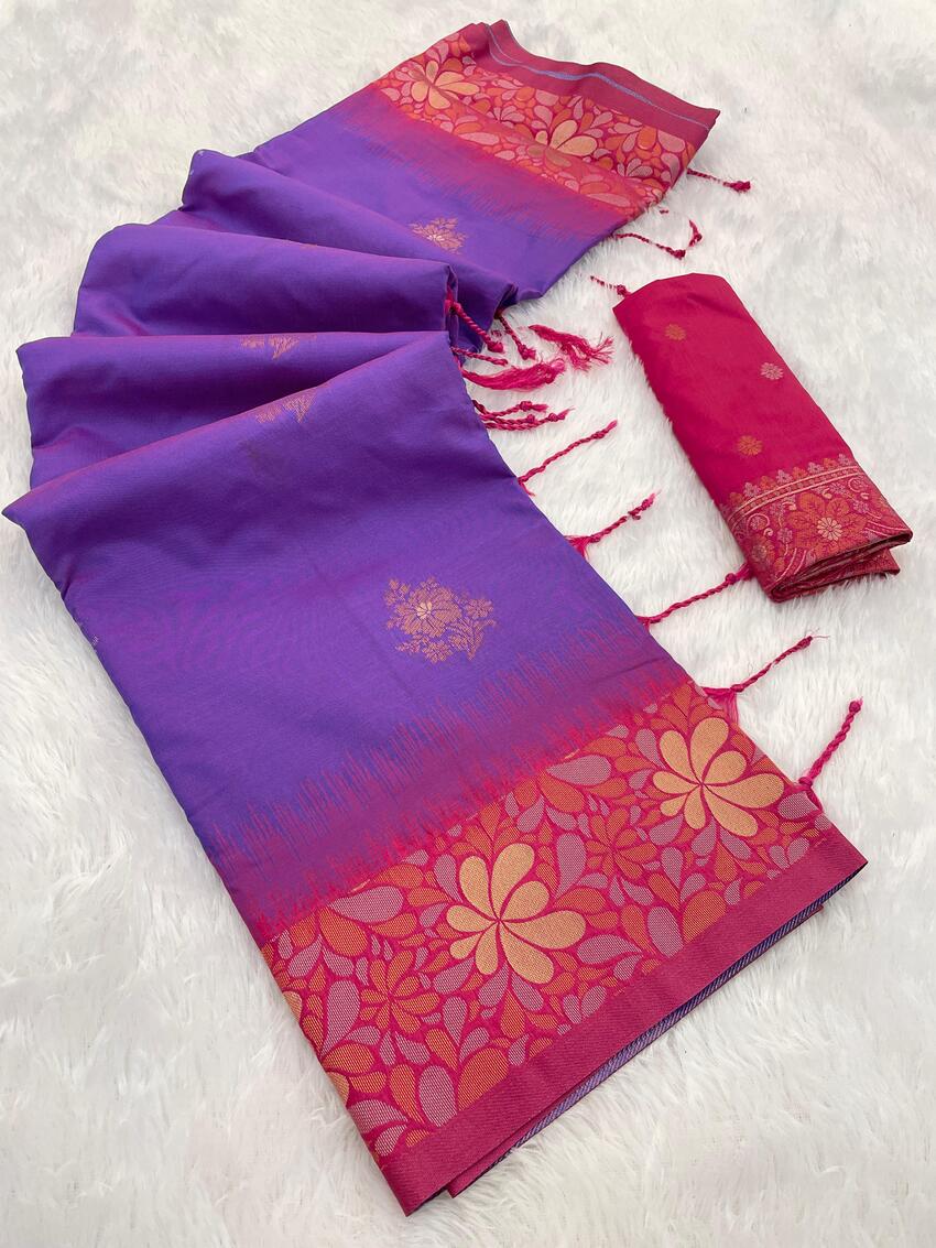 Stylish Purple Soft Banarasi Silk Saree With Inimitable Blouse Piece