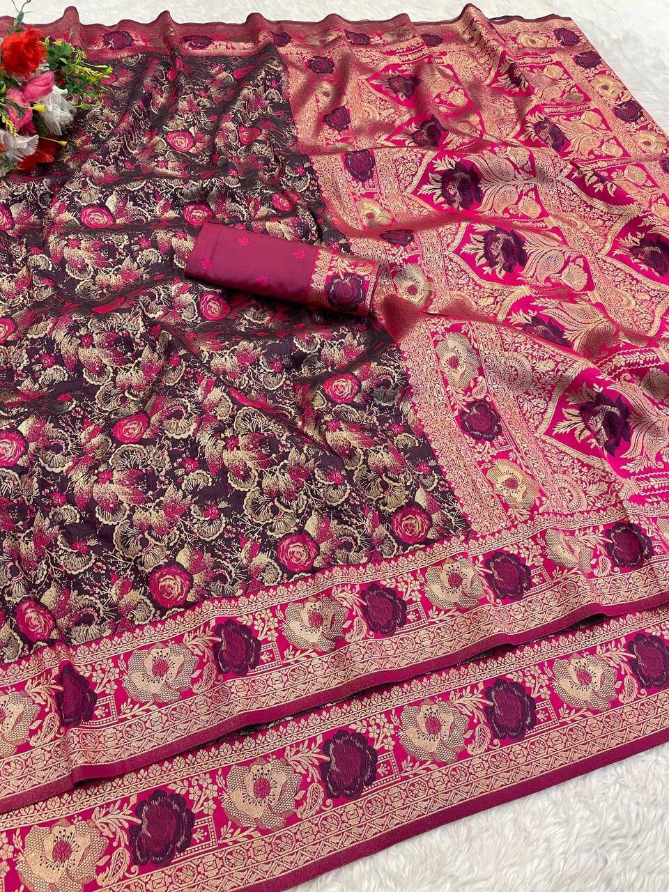 Proficient Wine Soft Banarasi Silk Saree With Marvellous Blouse Piece