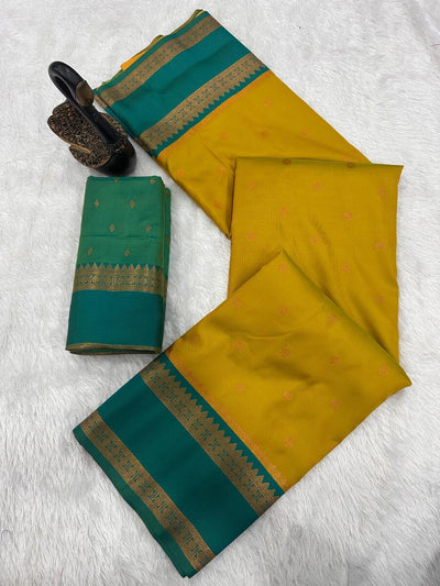 Piquant Mustard Soft Banarasi Silk Saree With Sonorous Blouse Piece