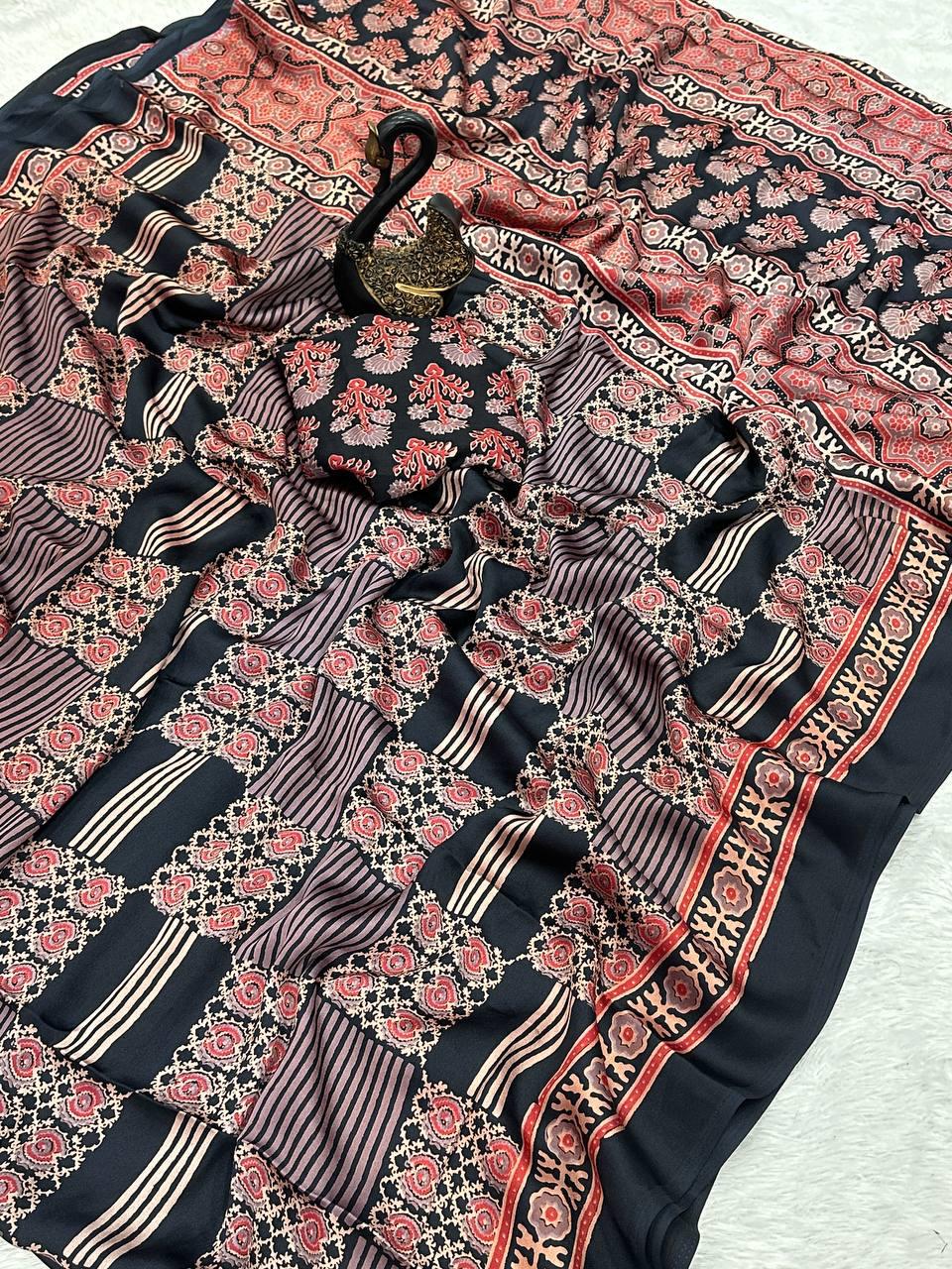 Evocative Black Ajrakh Printed Gajji Soft Silk Saree With Posh Blouse Piece