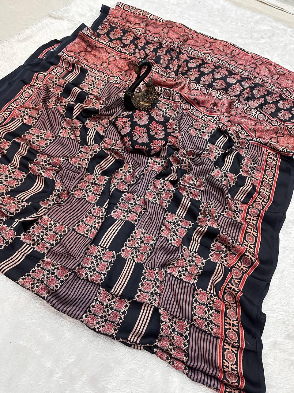 Evocative Black Ajrakh Printed Gajji Soft Silk Saree With Posh Blouse Piece