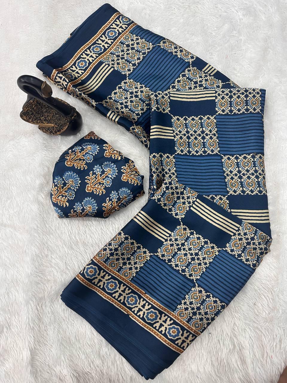 Redolent Blue Ajrakh Printed Gajji Soft Silk Saree With Deserving Blouse Piece