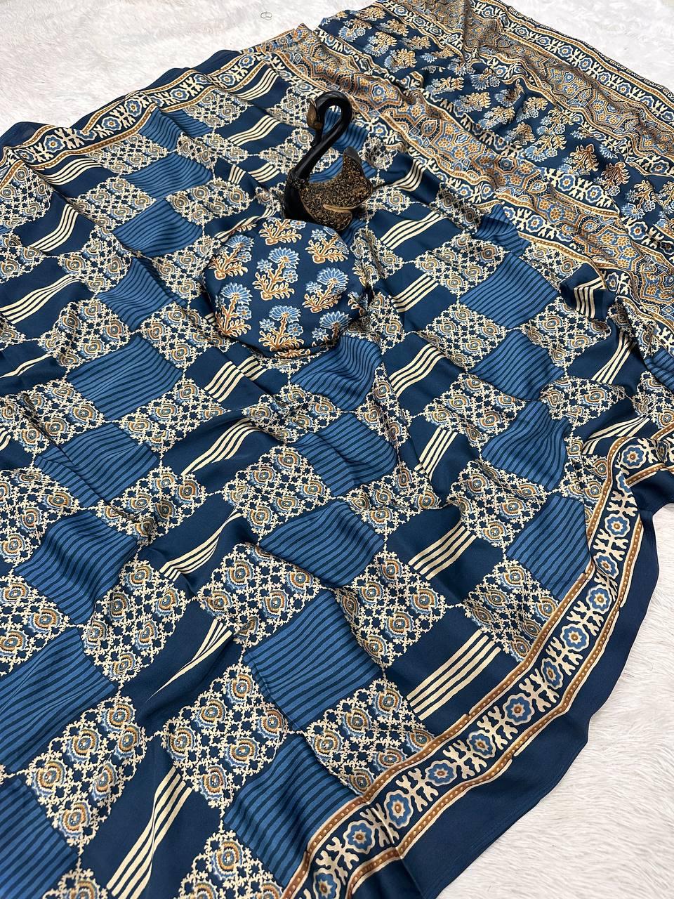 Redolent Blue Ajrakh Printed Gajji Soft Silk Saree With Deserving Blouse Piece