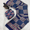 Seraphic Navy Blue Ajrakh Printed Gajji Soft Silk Saree With Snazzy Blouse Piece