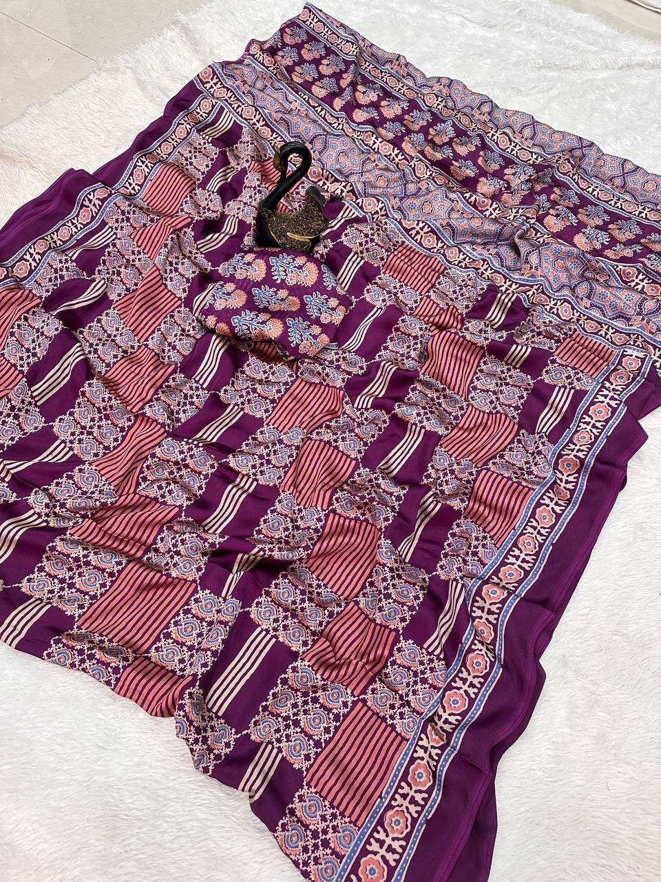 Panoply Purple Ajrakh Printed Gajji Soft Silk Saree With Resplendent Blouse Piece