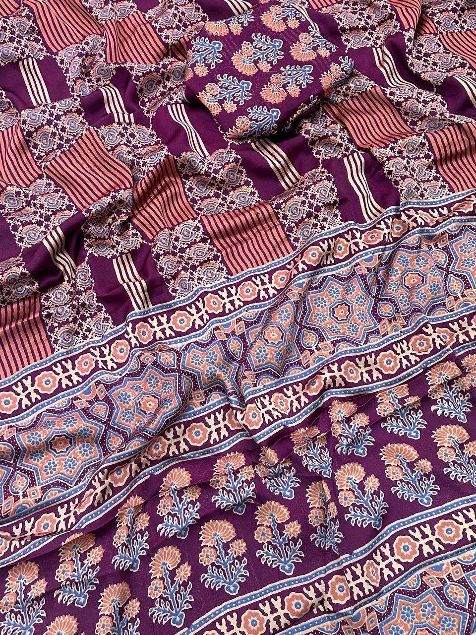 Panoply Purple Ajrakh Printed Gajji Soft Silk Saree With Resplendent Blouse Piece