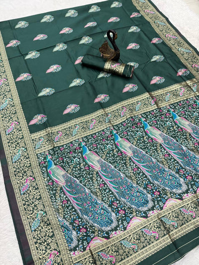 Embellished Dark Green Blue Soft Banarasi Silk Saree With Designer Blouse Piece