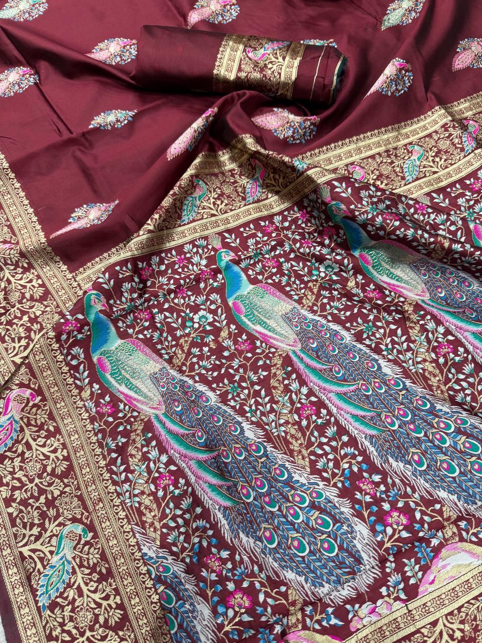 Nectarous Maroon Soft Banarasi Silk Saree With Deserving Blouse Piece