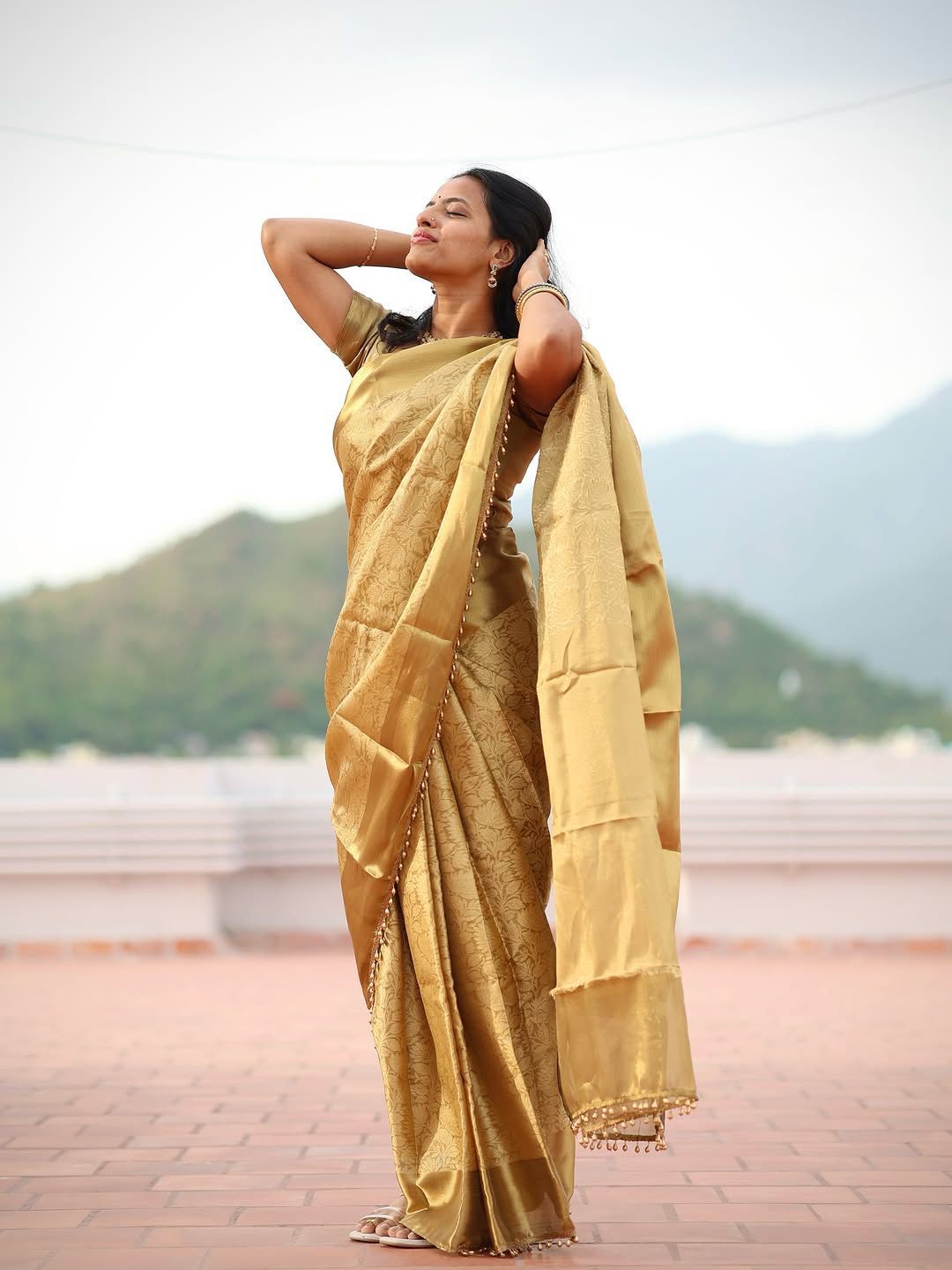 Lagniappe Golden Soft Tissue Silk Saree With Petrichor Blouse Piece