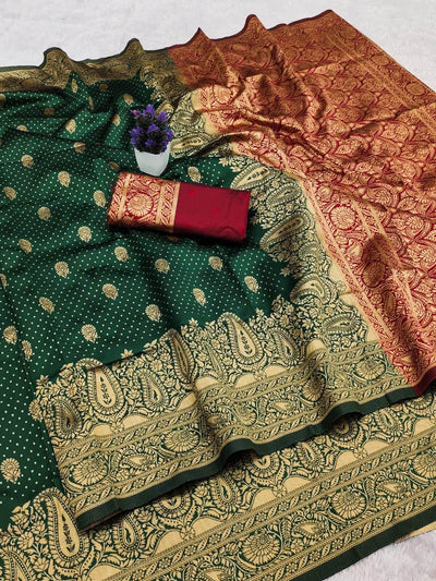 Prodigal Dark Green Soft Silk Saree With Designer Blouse Piece