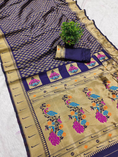 Transcendent Navy Blue Paithani Silk Saree With Brood Blouse Piece