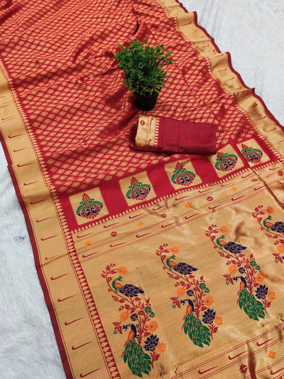 Mesmeric Red Paithani Silk Saree With Ailurophile Blouse Piece