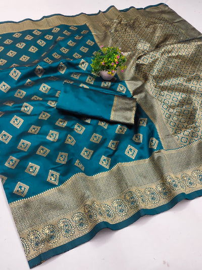 Prettiest Firozi Soft Silk Saree With Enticing Blouse Piece