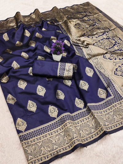 Precious Navy Blue Soft Silk Saree With Unique Blouse Piece