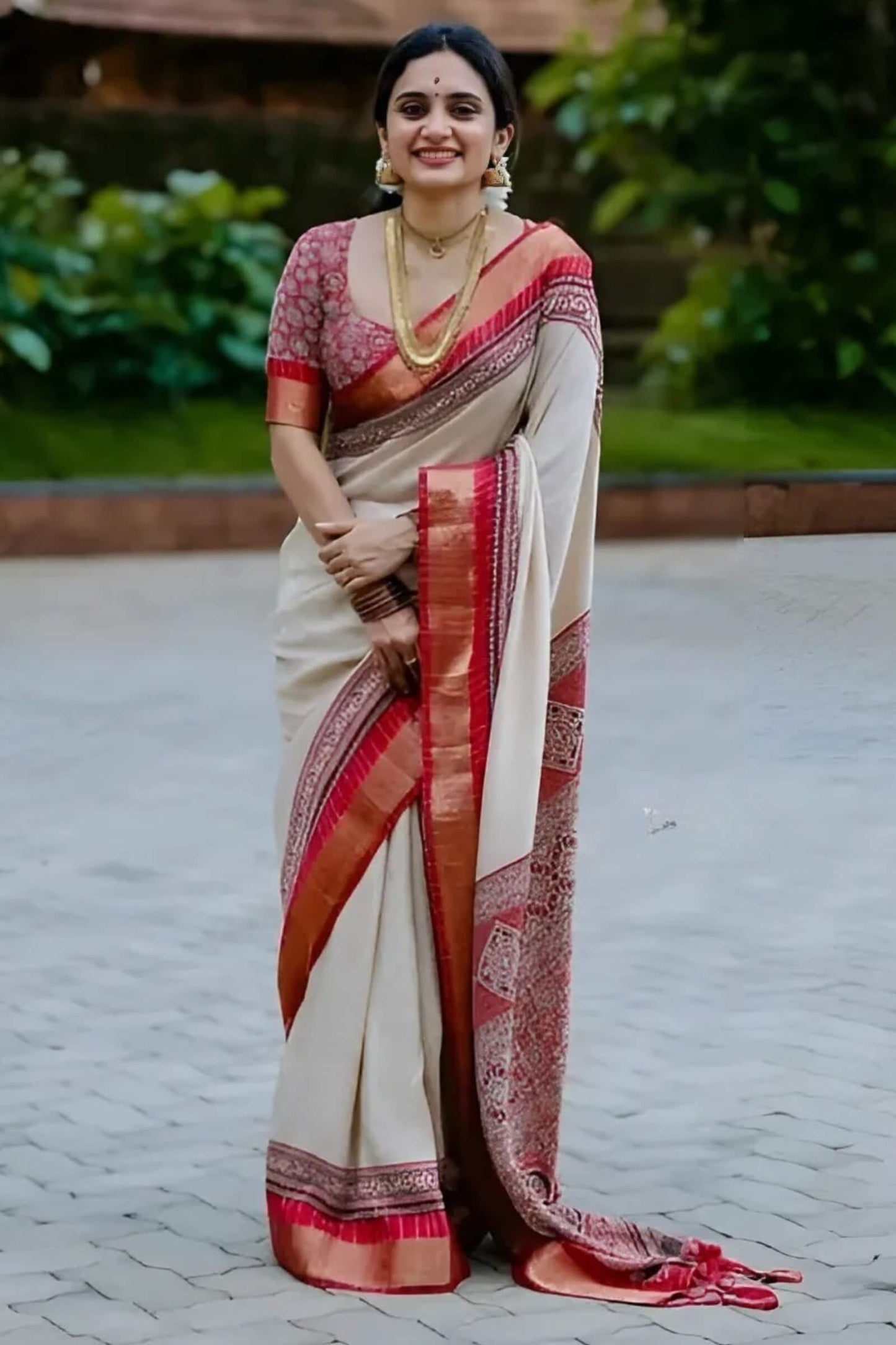 Pretty Beige Digital Printed Dola Silk Saree With Alluring Blouse Piece