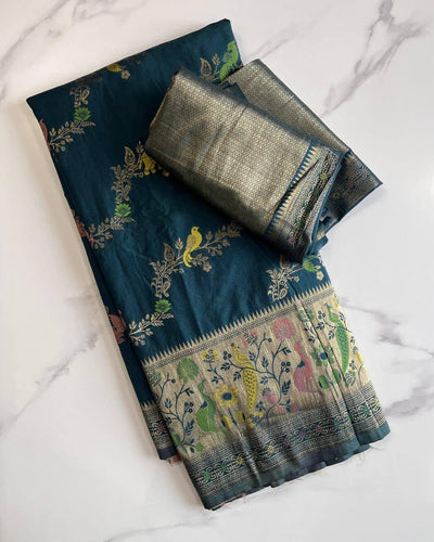 Sonorous Rama Soft Banarasi Silk Saree With Supernal Blouse Piece