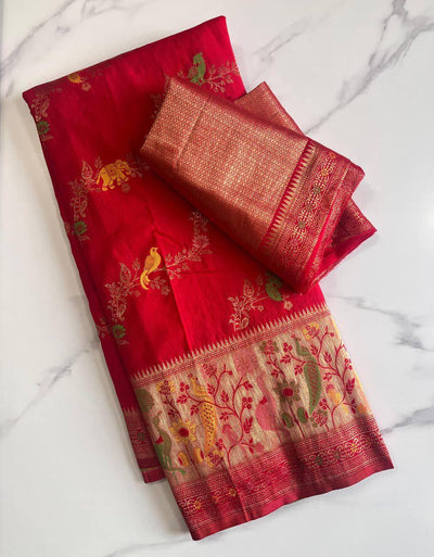 Dalliance Red Soft Banarasi Silk Saree With Posh Blouse Piece